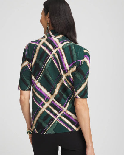Plaid Elbow Sleeve Mock Neck Sweater - US 0284