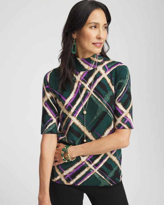 Plaid Elbow Sleeve Mock Neck Sweater - US 0284