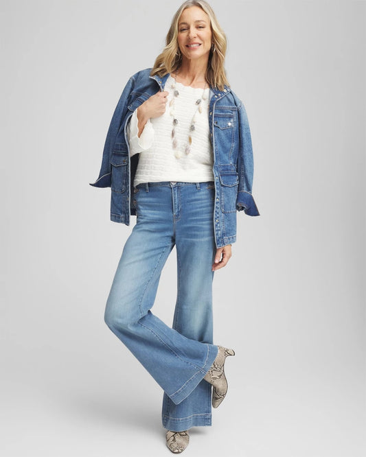 Pointelle Scalloped Hem Flare Sleeve Pullover - US 7228