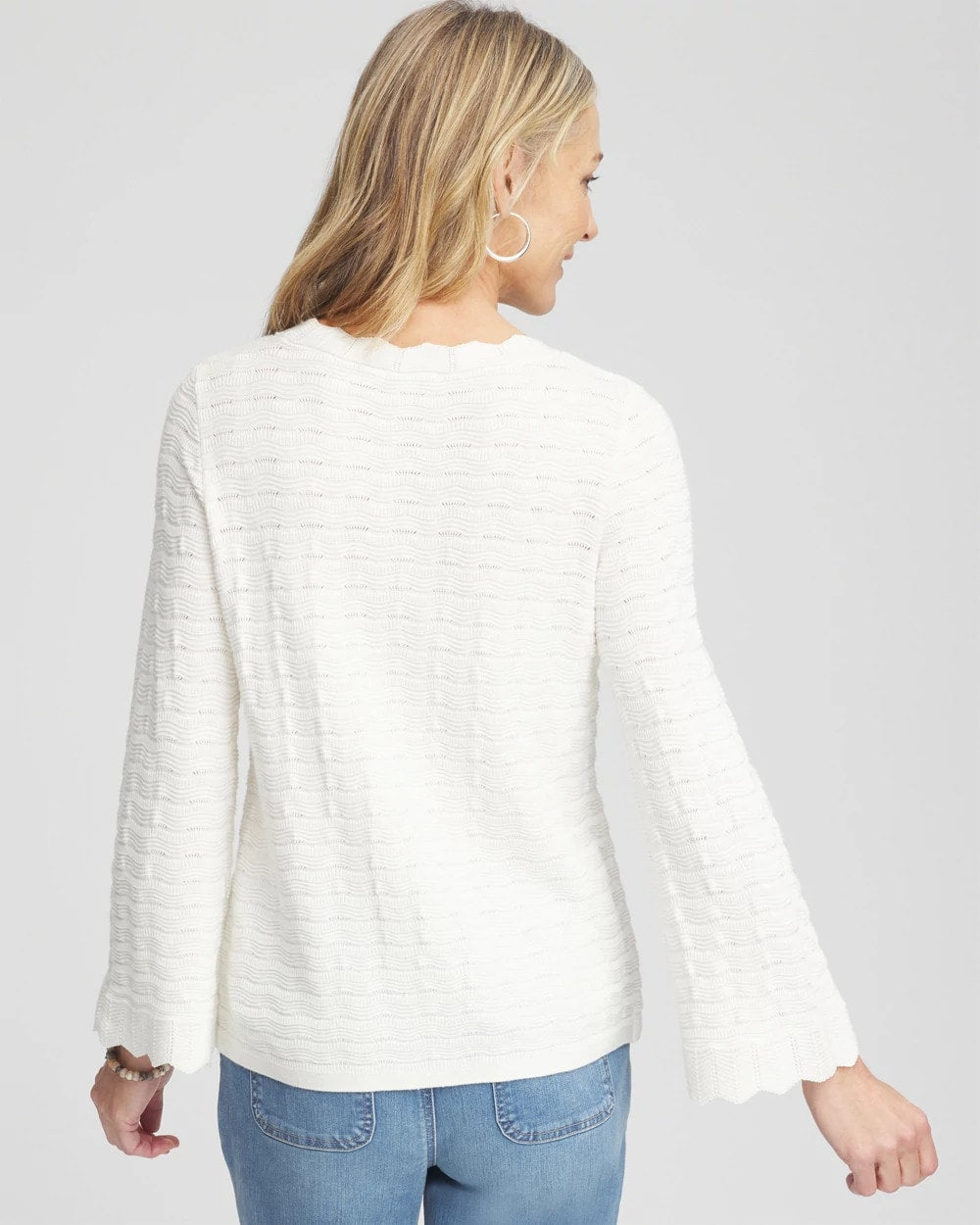 Pointelle Scalloped Hem Flare Sleeve Pullover - US 7228