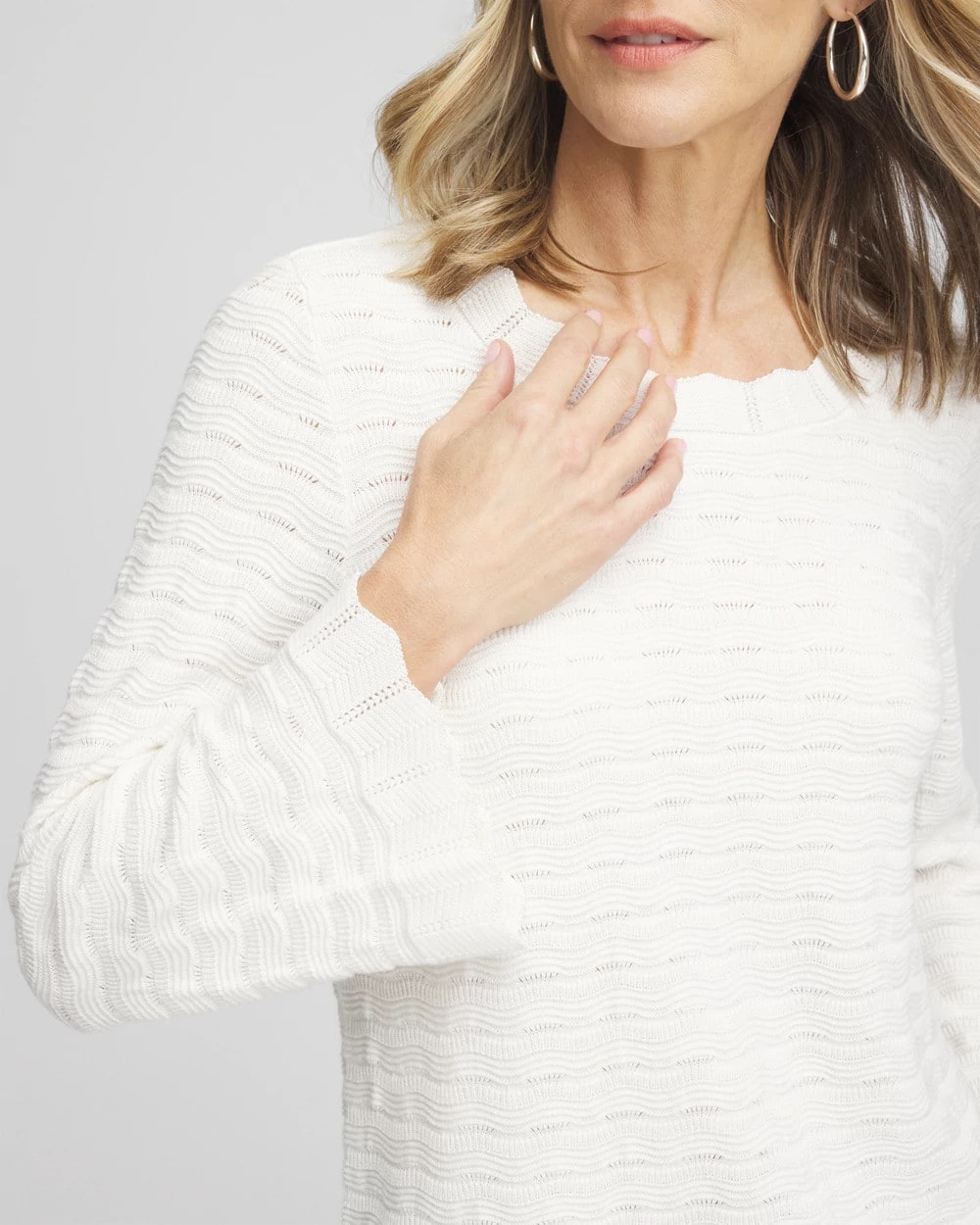 Pointelle Scalloped Hem Flare Sleeve Pullover - US 7228