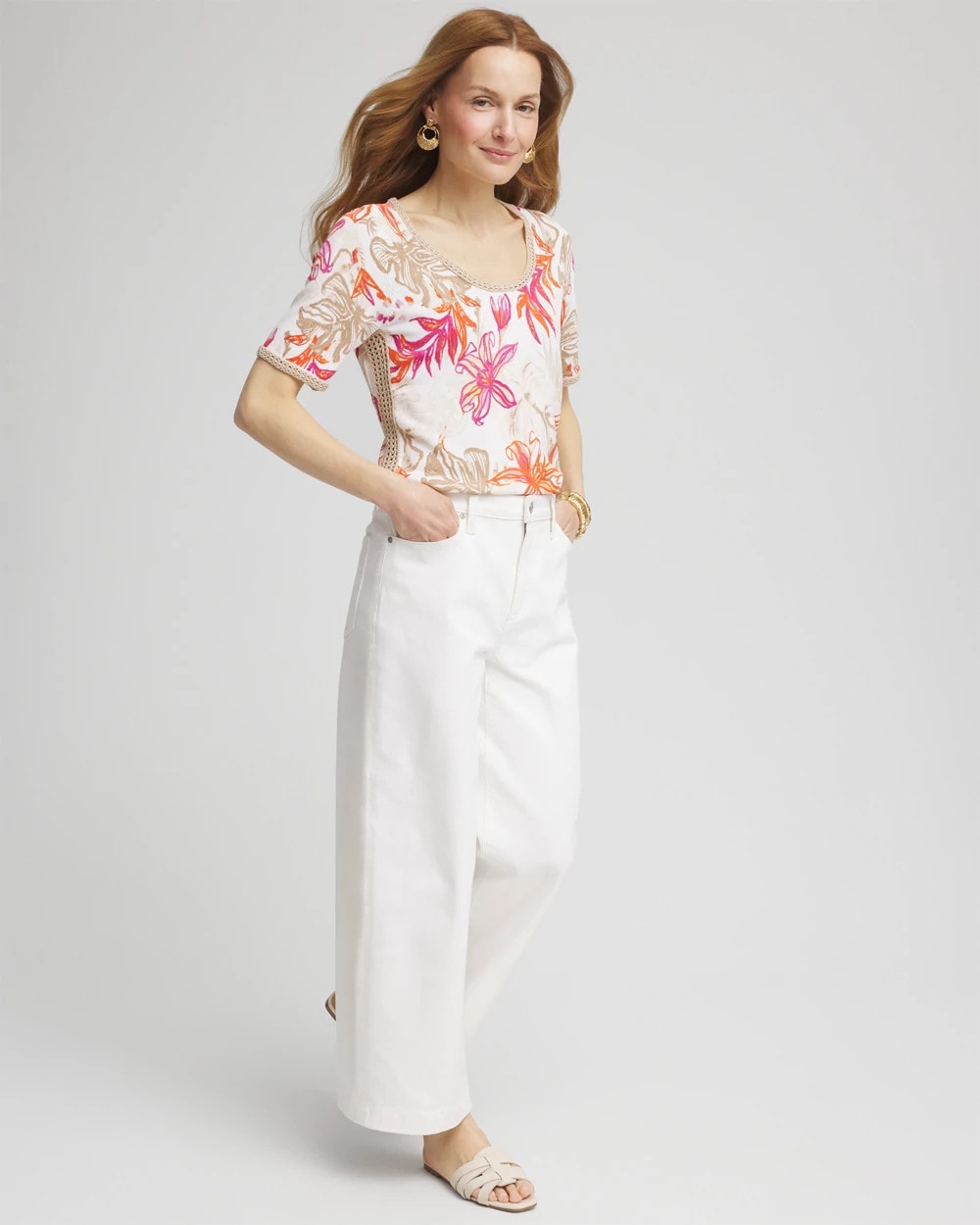 Floral Print Crochet-Trim Pullover Sweater - US 2571