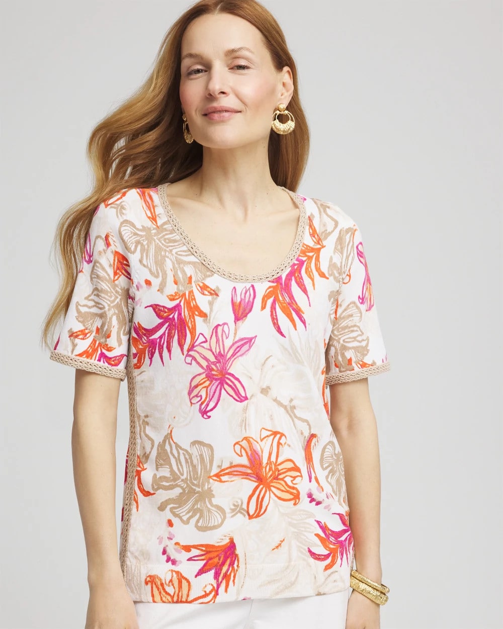 Floral Print Crochet-Trim Pullover Sweater - US 2571