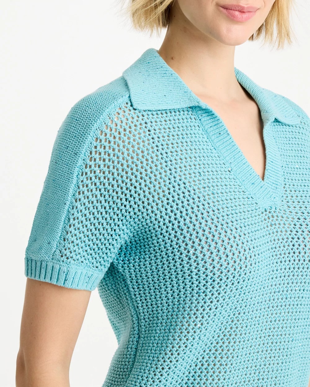 Sequin Pointelle Pullover Polo Sweater - US 7327