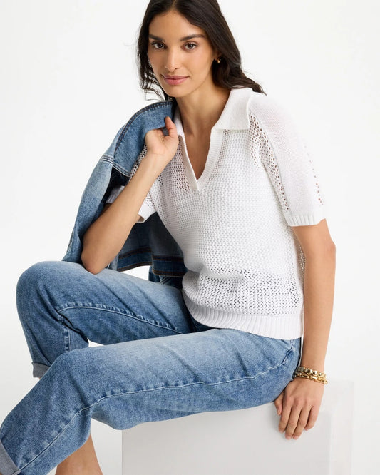Sequin Pointelle Pullover Polo Sweater - US 2305