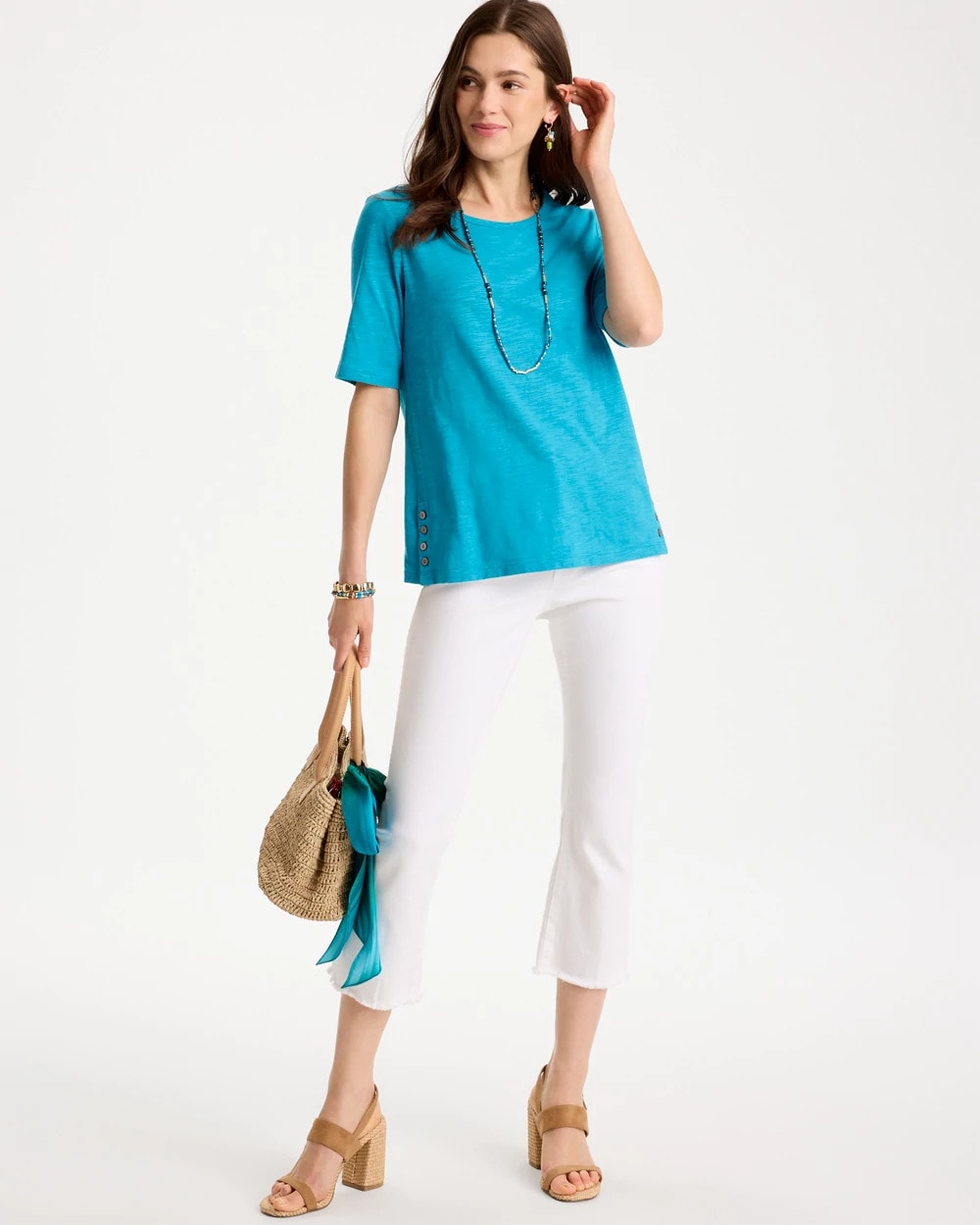 Cotton Slub Crewneck Button Tee - US 0313