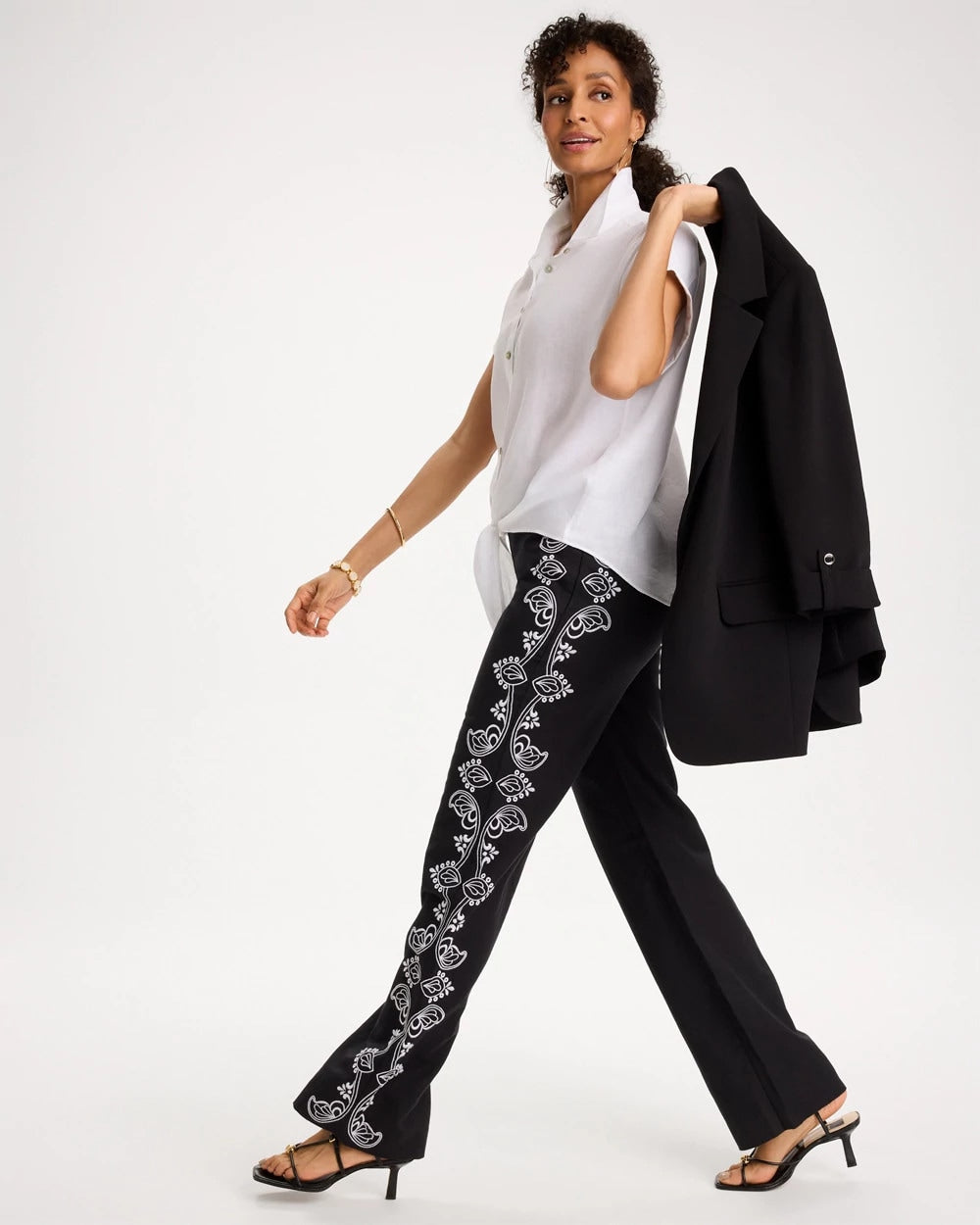Embroidered Pull-On Wide-Leg Linen Pants - US 9105