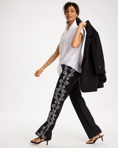 Embroidered Pull-On Wide-Leg Linen Pants - US 9105