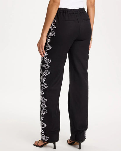 Embroidered Pull-On Wide-Leg Linen Pants - US 9105