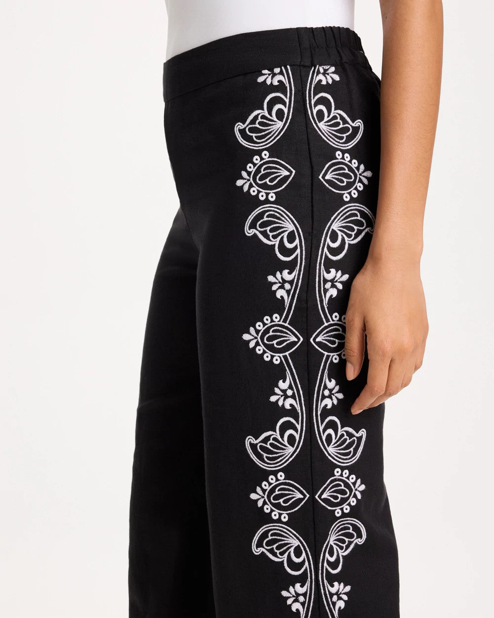 Embroidered Pull-On Wide-Leg Linen Pants - US 9105