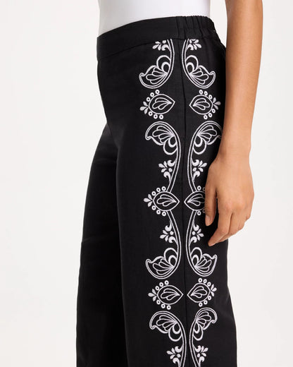 Embroidered Pull-On Wide-Leg Linen Pants - US 9105
