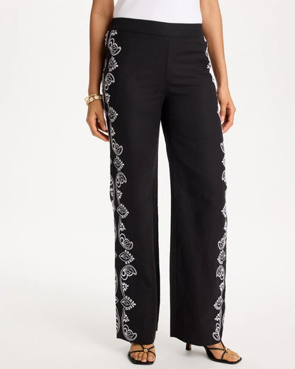 Embroidered Pull-On Wide-Leg Linen Pants - US 9105