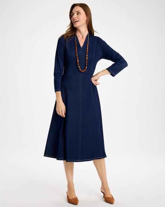 Knit Denim Seamed 3/4 Sleeve Dress - US 3020