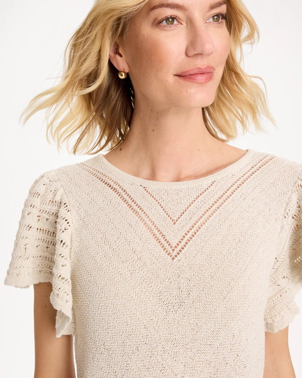 Pointelle Metallic Flutter-Sleeve Pullover - US 6563