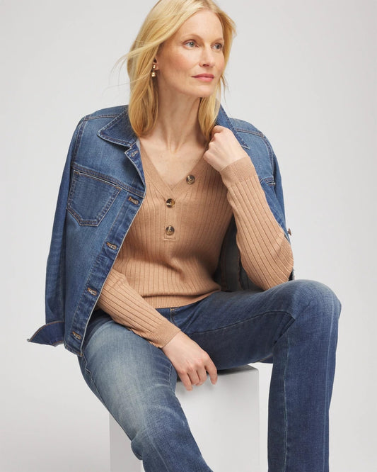 Ribbed Button Henley Sweater - US 2722