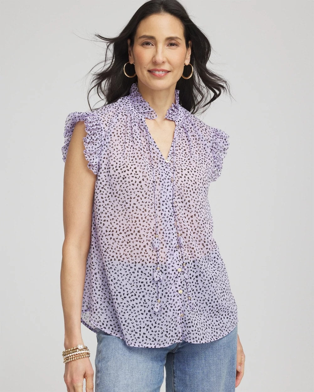 Cheetah Print Ruffle-Collar Blouse - US 4650